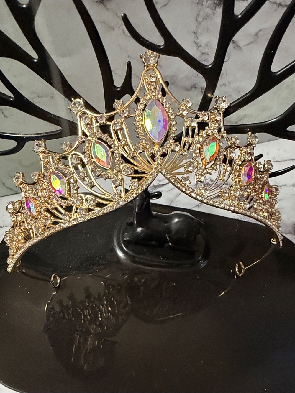 Gold Tiara with Iridescent Rhinestone Accents NWT - Picture 3 of 14